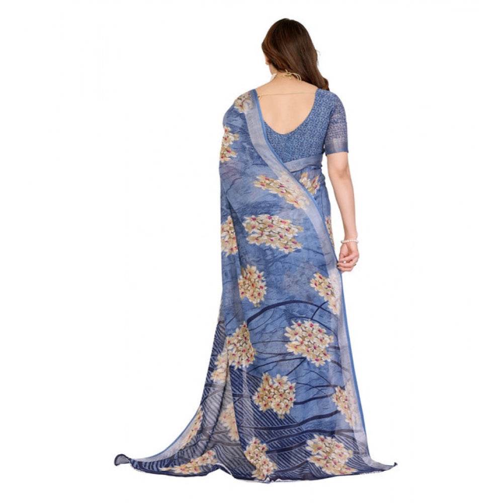 Generic Women's Georgette Printed Saree With Unstitched Blouse 5.5Mtr (Blue) - MYLUXURY LANE ENTERPRISE